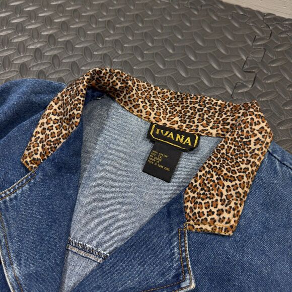 Ivana Trump Denim Jacket Womens 1X Blue Leopard Trimmed Belted Button Front - Picture 5 of 9